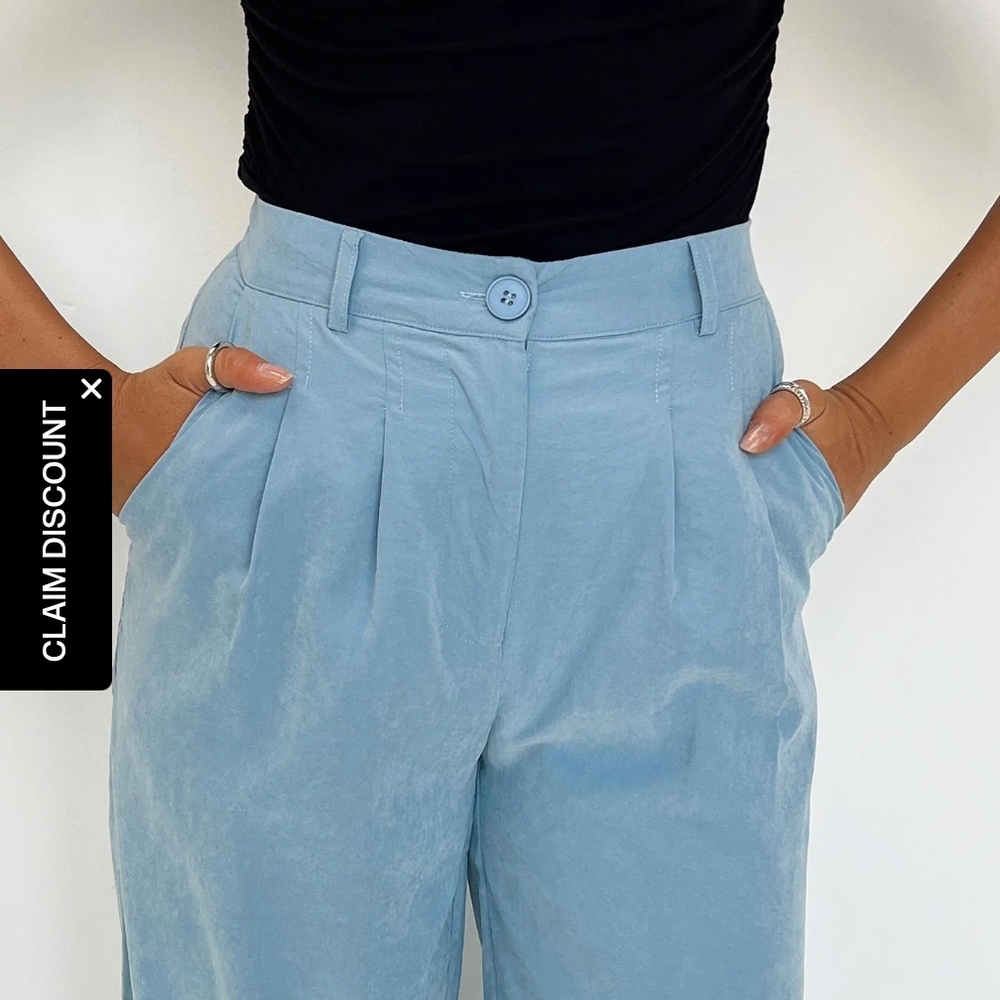 Light Blue High-Waist Pleated Wide-Leg Pants